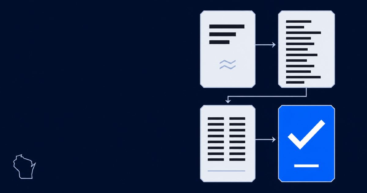 Four angular document cards labeled Estimate, Scope, Contract, and Change Order connected in sequence, with the Change Order card accented in blue