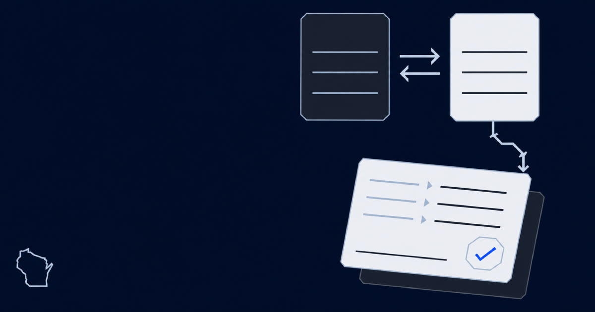 Two angular product cards joined by exchange arrows, the specified product fading and the substitute in front, flowing into a change order document with a blue approval checkmark