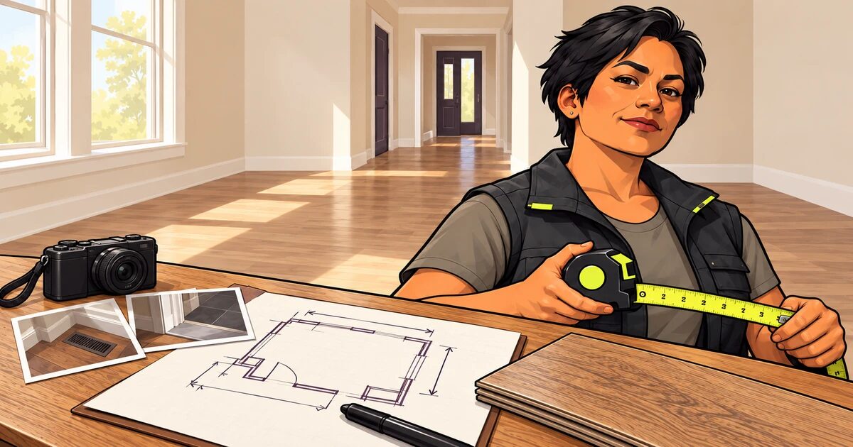 Max, the Measure assistant, holds a tape measure beside a room sketch, captioned site photos and flooring samples