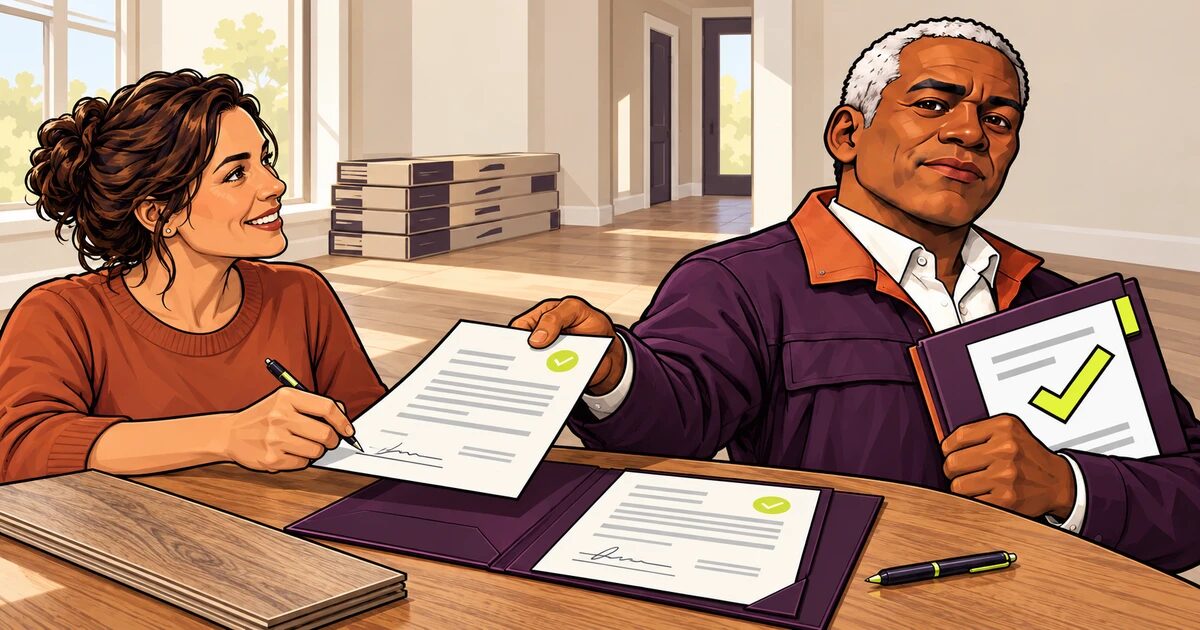 Adam, the Agree assistant, reviews contract copies with a homeowner before a flooring job begins