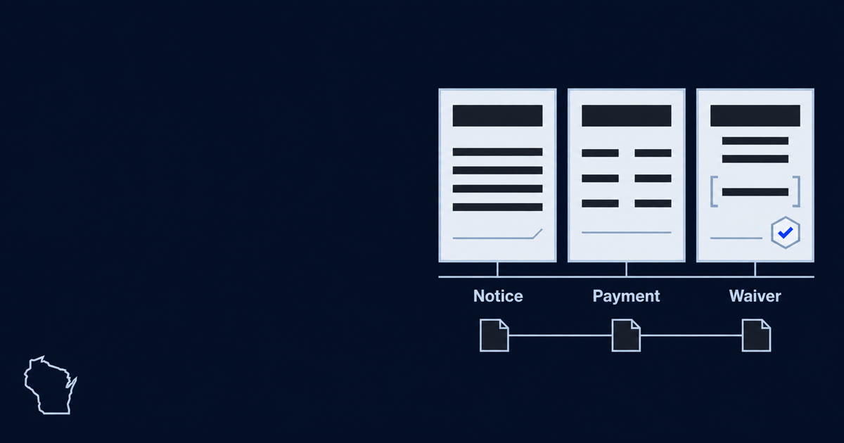 Three document cards representing a notice, a payment record, and a lien waiver with a blue approval checkmark, above a row of separate subcontractor and supplier record tabs